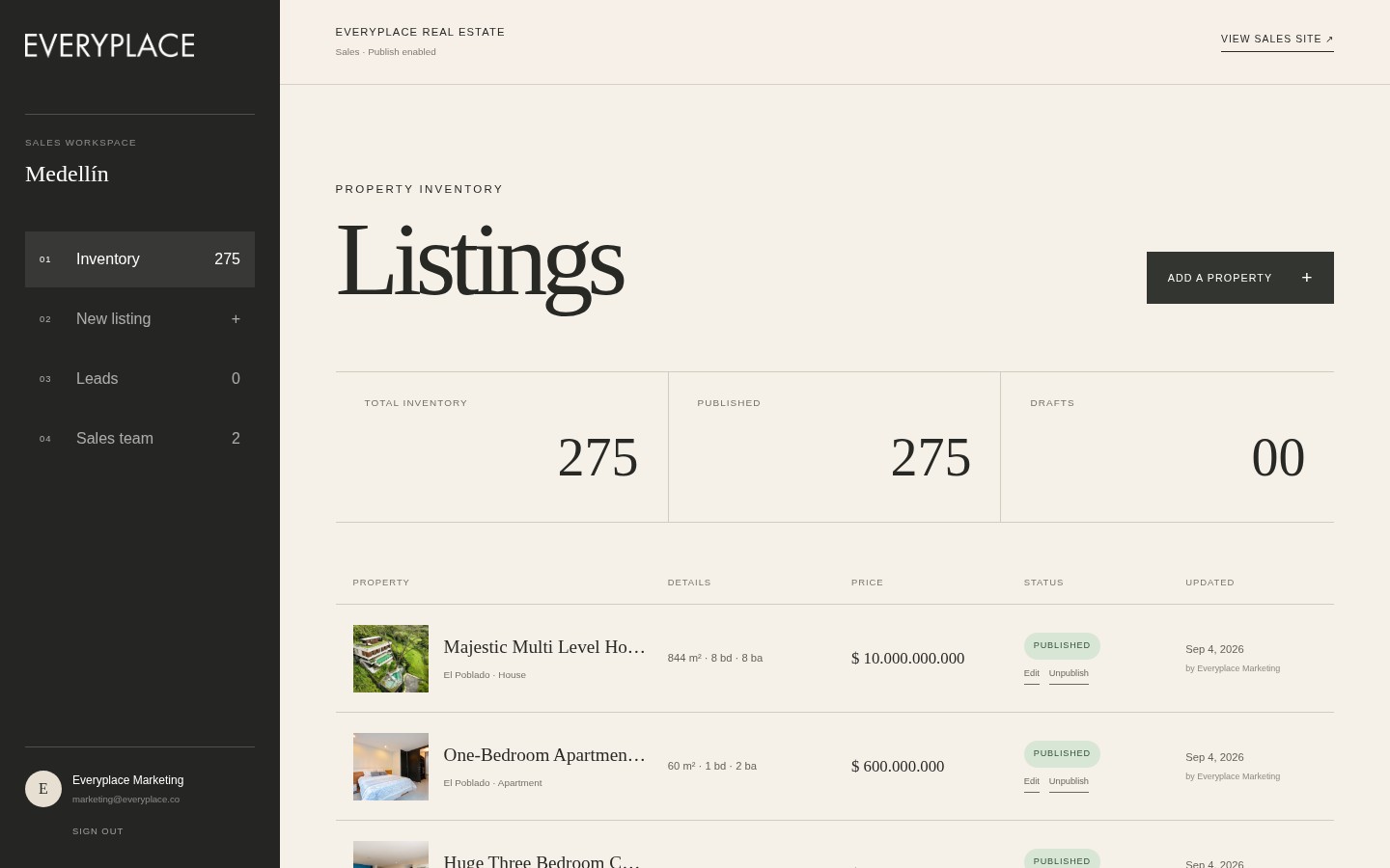 Portal privado de ventas de Everyplace con el inventario de propiedades